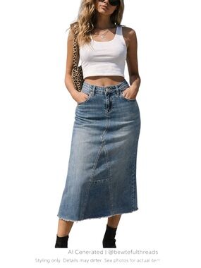 Y2K Denim Midi Skirt Raw Hem Stretch Blue Vintage 2000s Casual L
